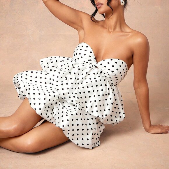 Dresses & Skirts - White Boho Women's Elegant Polka Dot Strapless Mini Dress
